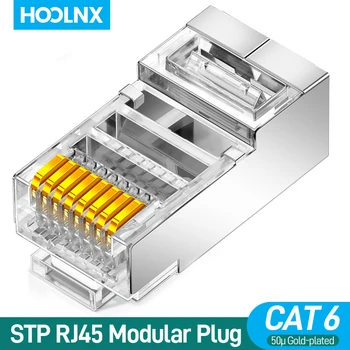 Hoolnx STP מחברי RJ45, CAT6 מסוכך 50μ מצופה זהב 8P8C Lan תקעים מודולריים מלחץ סוף על רשת כבל ה-Ethernet