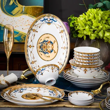 Jingdezhen 60 ראש עצם סין שולחן, זהב, קערה, צלחת להגדיר, משק בית, קערה, צלחת להגדיר, קרמיקה האירופי מתנה שולחן