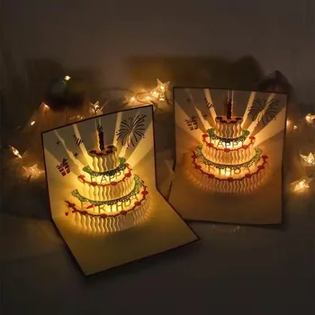 Kawaii עוגת יום הולדת תלת ממדי כרטיס ברכה נייר, גילוף עם אורות בעבודת יד יצירתית לשלוח כרטיס ברכה מתנה עבור סטו