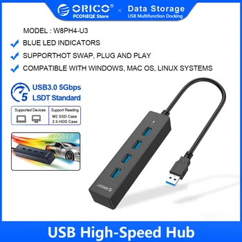 ORICO Usb, רכזת USB 3.0 במהירות גבוהה רכזת כחול LED מחוון ABS 5Gbps מהר שידור תמיכת דיסק U דיסק קשיח נייד למחשב