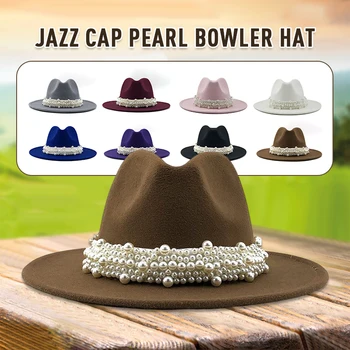 ג ' אז כובע כובעים עם פנינים הלהקה נשים לבן מלובד העליון כובע אופנתי רחב שוליים הכנסייה צד נשי שמלה הכובע חיצוני Sunhat