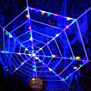 ליל כל הקדושים קורי עכביש עם אורות LED ענק מלאכותי העכביש קורי עכביש על מסיבת ליל כל הקדושים תפאורה חיצונית בית רדוף רוחות אימה אביזרים