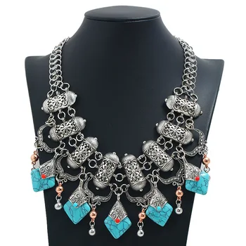 עיצוב חדש מוגזם אתני Turquoises עניבה נשית בציר ציצית השרשרת עבור בנות בוהמיה גדול קולר הצהרה תכשיטים