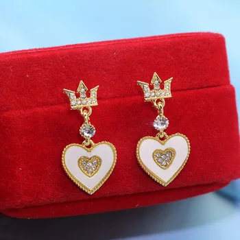 קוריאני עיצוב קריסטל קראון לב להשתלשל עגילים נקבה אישיות המזג אוהבים מתוק אמייל בצורת לב עגיל תכשיטים