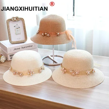 שמש חדש פנינים כובע קש כובע מגבעת בנות קשת כובעי הקיץ לנשים חוף פנמה כובע קש הכובע פאטאל 48-52-54-58cm