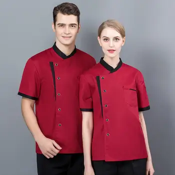 שף המדים יוניסקס שרוולים קצרים לעמוד צווארון בכיס הז ' קט מטבח המסעדה בייקר לבשל חולצת מדים קולינרית בגדי עבודה